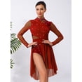 thumbnail image 5 of YiZYiF Womens Sparkly Lyrical Dance Costume Long Sleeve Ruched Backless Figure Skating Dress Leotard Burgundy S, 5 of 7