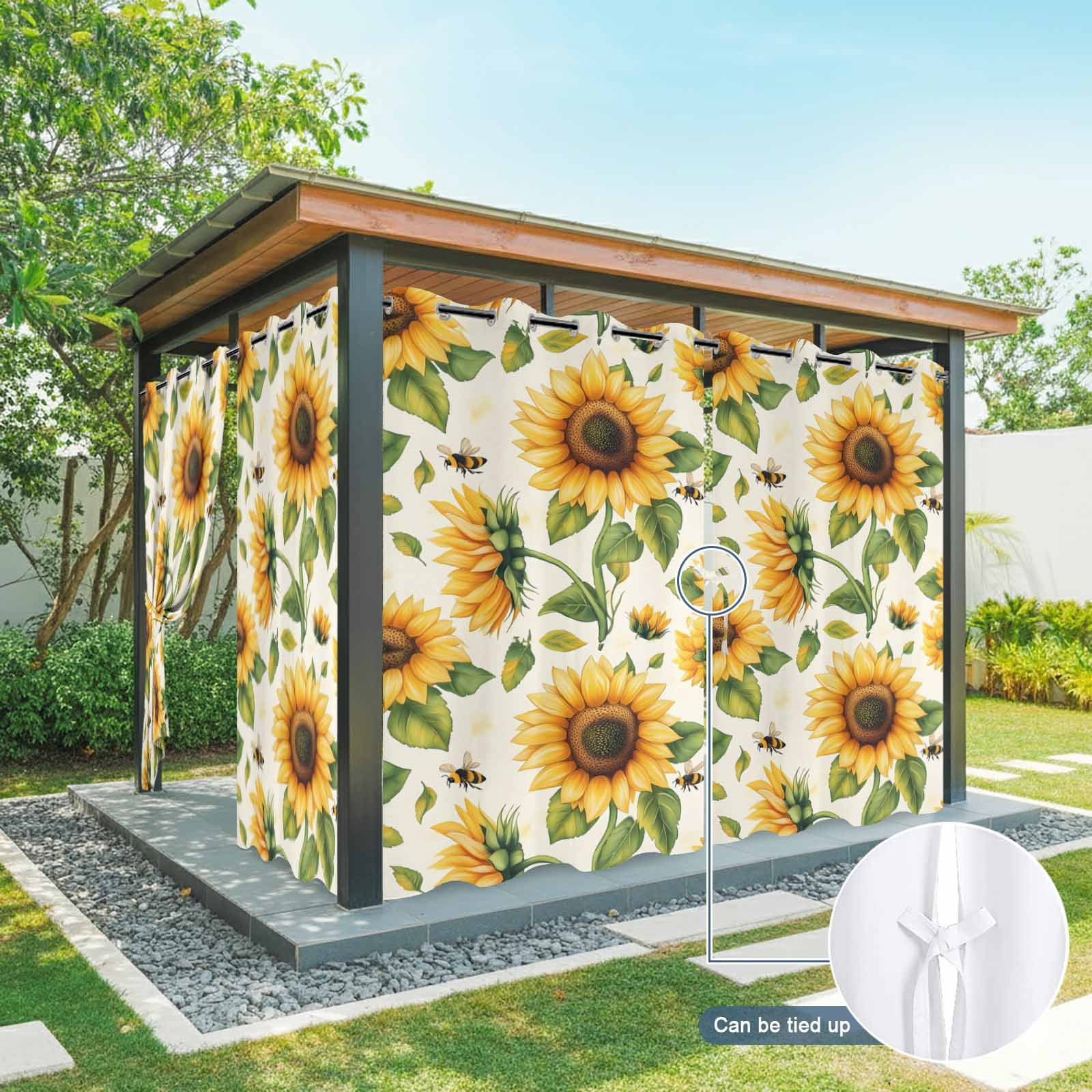 Summer Floral Outdoor Curtains for Patio, Watercolor Flowers Romantic Sunflower Farmhouse Bee Waterproof Outside Curtains Privacy Blackout Curtain for Porch Pergola Cabana, 1 Panel 54W x 84L Inch