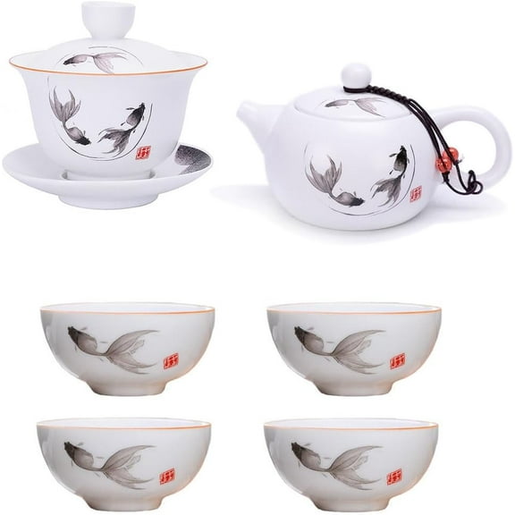 Porcelain Teapot Gaiwan with 4 cups Set,Chinese Feng Shui Ink Painting Fish Gongfu Tea Set