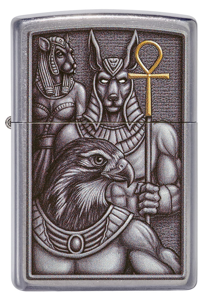 49406 Zippo Egyptian Gods Emblem Design Street Chrome Pocket Lighter