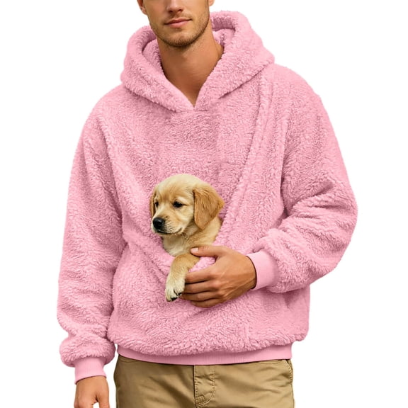 Men's Plush Pet Carrier Hoodie with Puppy Pouch Hands-Free Drawstring Pullover Sweatshirt Warm Winter Top for Dog Lover