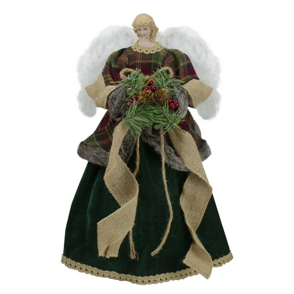 Northlight 18" Red and Green Angel in a Dress Christmas Tree Topper Accented with Holly Berries -