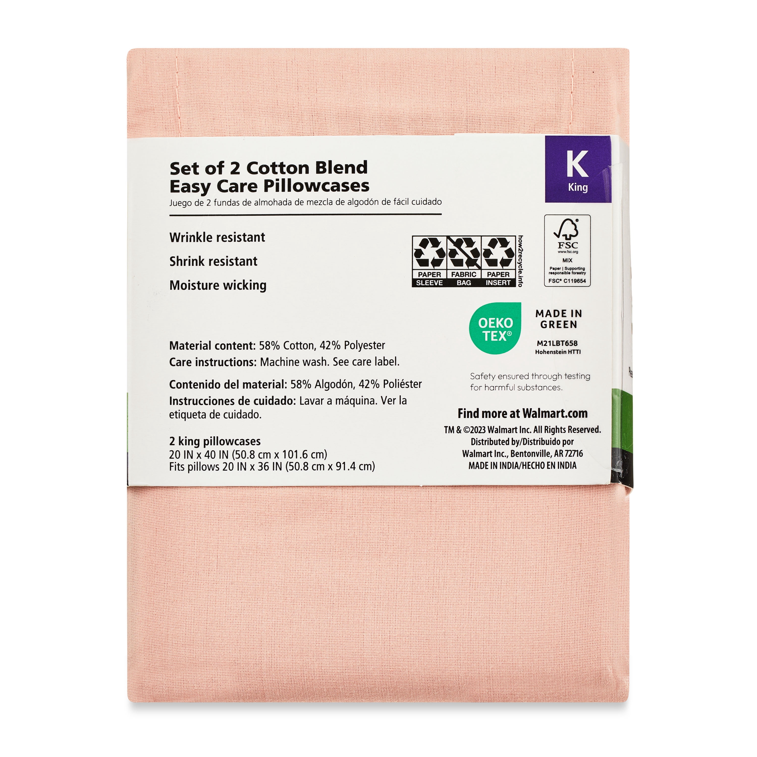 Mainstays 2-Piece 300 Thread Count Pink Blush Cotton Blend Percale Pillowcase Set, King