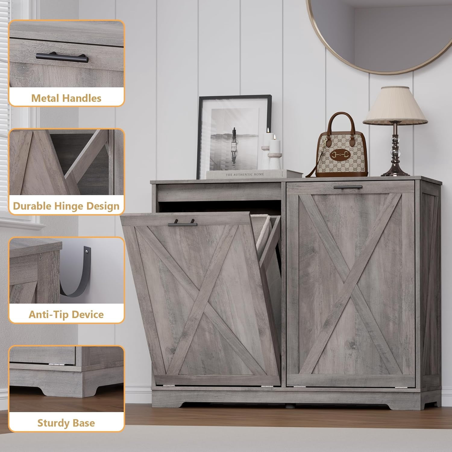 PUFFCAFE Tilt Out Kitchen Trash Can for 2 Cabinet,Odor Control & Negative Ion & Ozone Garbage Bin,Hidden Recycle Trash Cans for Kitchen,Gray