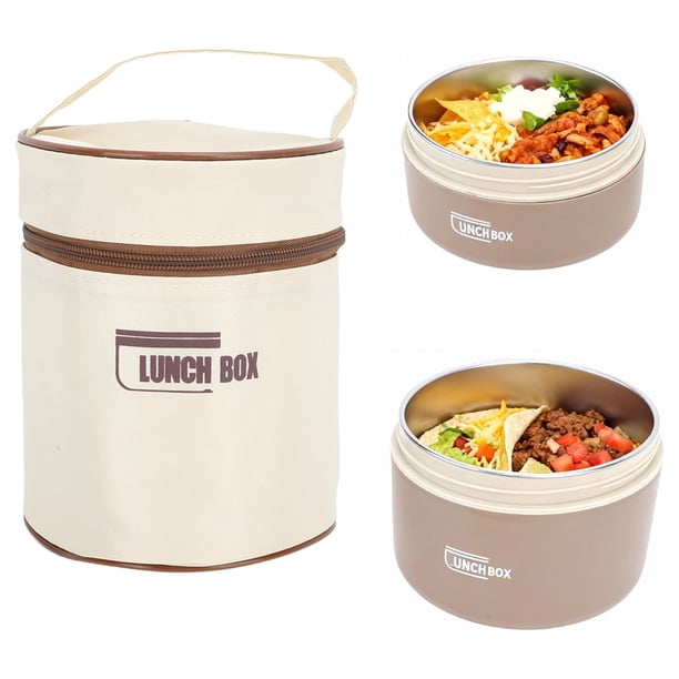 Lonchera, Contenedor de Alimentos Redondo de Acero Inoxidable, Caja Térmica a Prueba de Fugas con Tapa y Bolsa