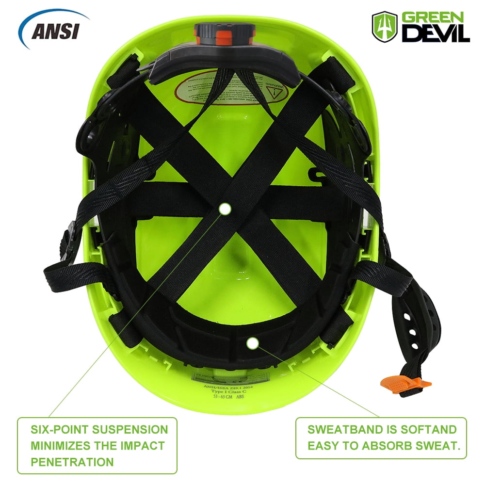 GREEN DEVIL Safety Helmet Hard Hat with Visor and Chinstrap Adjustable Lightweight Vented ABS Work Helmet for Men and Women 6-Point Suspension ANSI Z89.1 Approved Ideal for Industrial & Construction