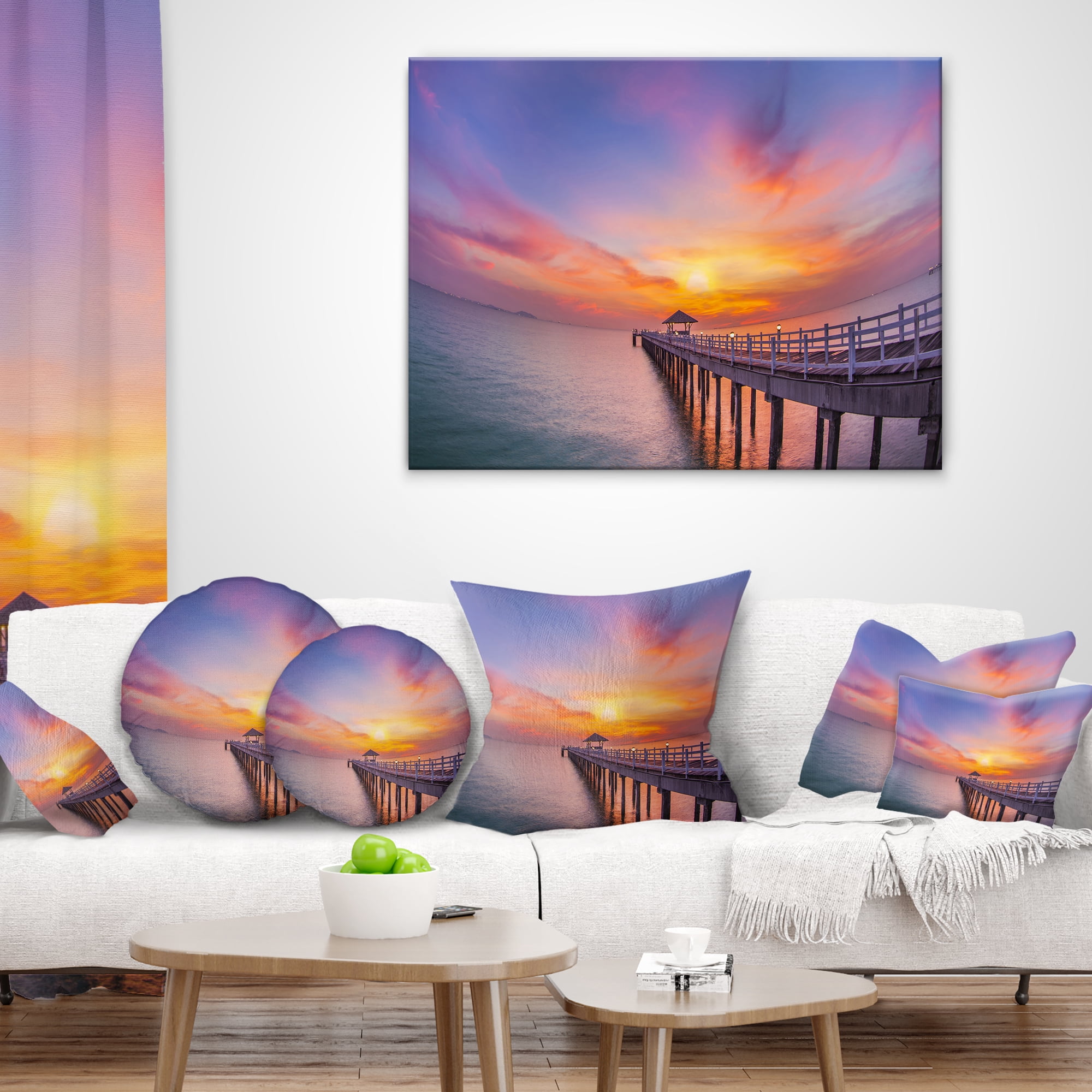 Designart Wooden Bridge Long Into the Ocean - Pier Seascape Throw Pillow - 18x18