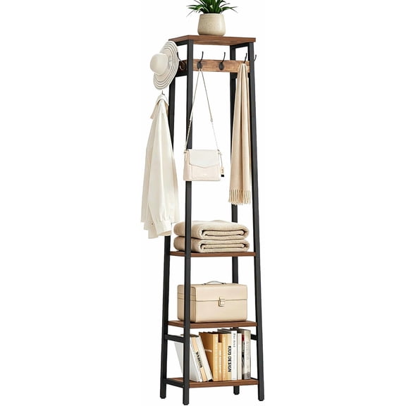 Industrial Freestanding Coat Rack with 7 Hooks & 3 Storage Shelves, Rustic Brown Black Hall Tree Clothes Organizer Stand for Entryway Home Garment Storage