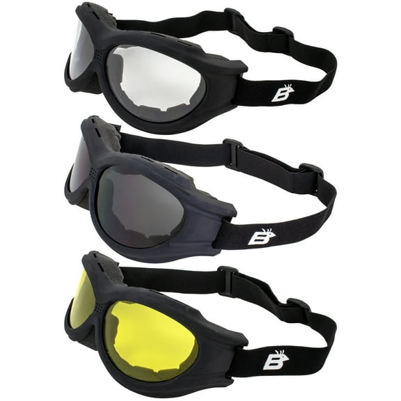 3 Pairs Birdz Eyewear Buzzard Motorcycle Goggles Fit Over Glasses Black Frames Clear Smoke Yellow Lenses with Storage Pouches