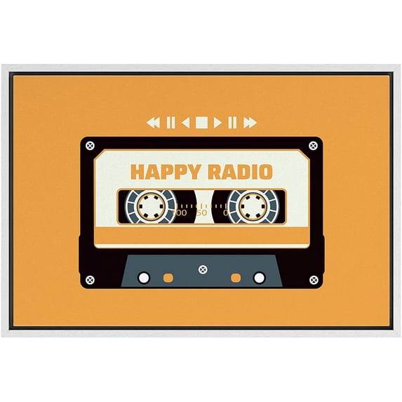 IDEA4WALL Framed Canvas Art Wall Decor Vintage Cassette Tape Happy Radio in Orange Background Music Media Illustrations Pop Art Modern Colorful for Dorm Home Office - 16"x24"