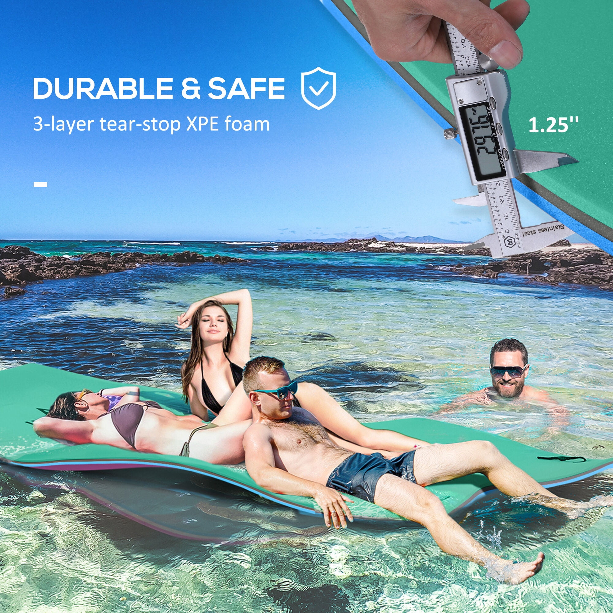 Home Gym Equipment, Soozier 12' x 5' Lily Pad Floating Mat with Cup Holder Table, 3-Layer Portable Roll-Up Water Mat Float Dock for 2-3 People, on Lake, River, Beach, Swimming Pool, Green