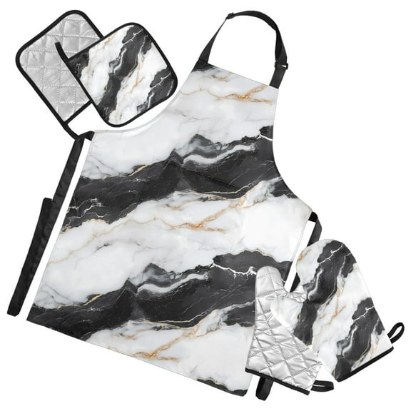 5 Pcs Kitchen Set Heat Resistant Oven Mitts and Non-Slip Pot Holders with Adjustable Cooking Apron White Black Marble Texture