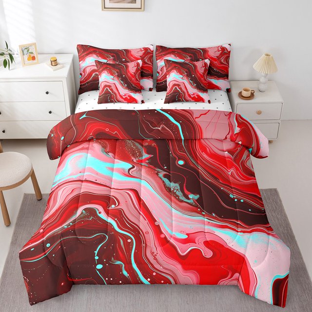 YST Red Marble 7-Piece Comforter Set, Queen, Abstract Watercolor Design with Metallic Accents