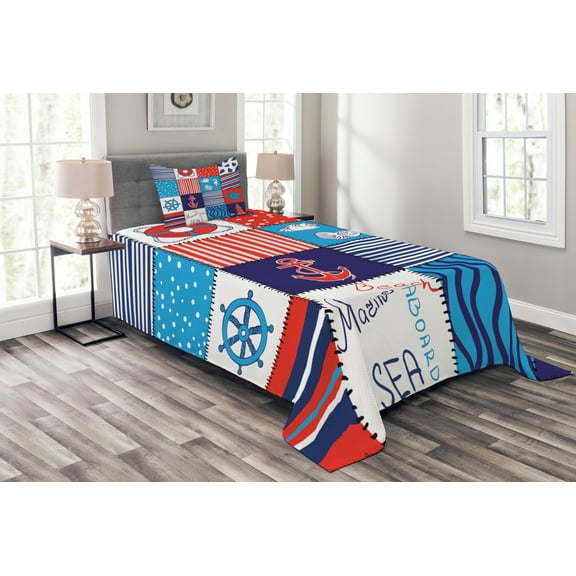 Ambesonne Geometric Quilted Bedspread Set 2 Pcs, Anchor Helm and Fish, Twin Size, Multicolor