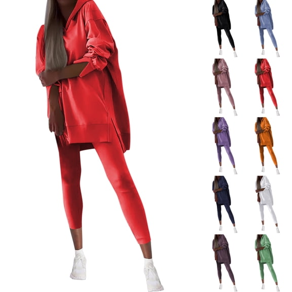 Hueook Sweat Suits For Womens 2 Piece Ladies' Round Neck Long Sleeved Shirt Casual Wide Leg Pants Two-piece Fashionable Set Purple S