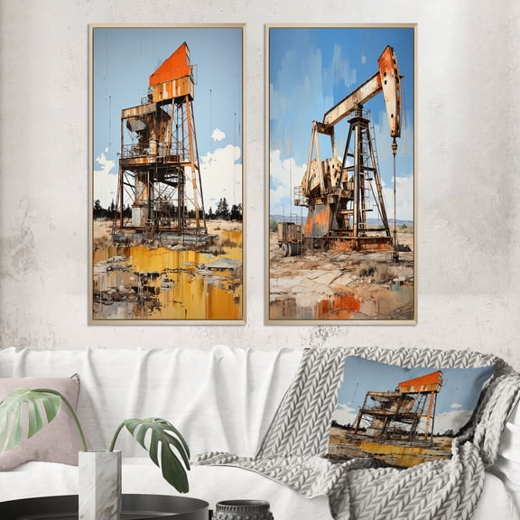Designart "Gold Oil Rigs landscapes In Texas II" Oil Rigs / Fields Framed Wall Art Set Of 2 - Gold Architecture Framed Canvas Set For Living Room Decor