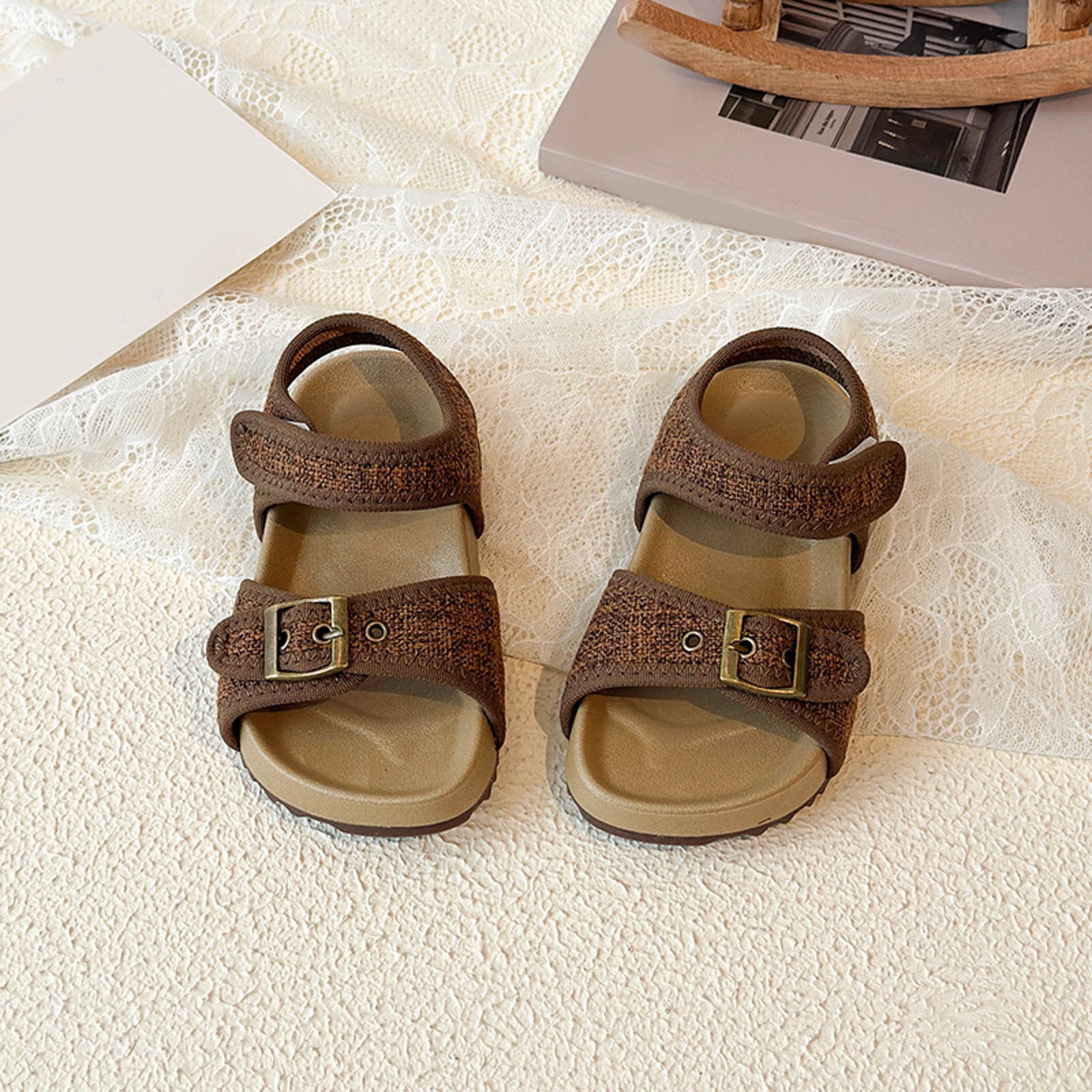 enyan Kids Sandals Toddler Buckle Sandals Open Toe Water Sandal with Adjustable Back Strap for Boys Girls,Brown,Size 8