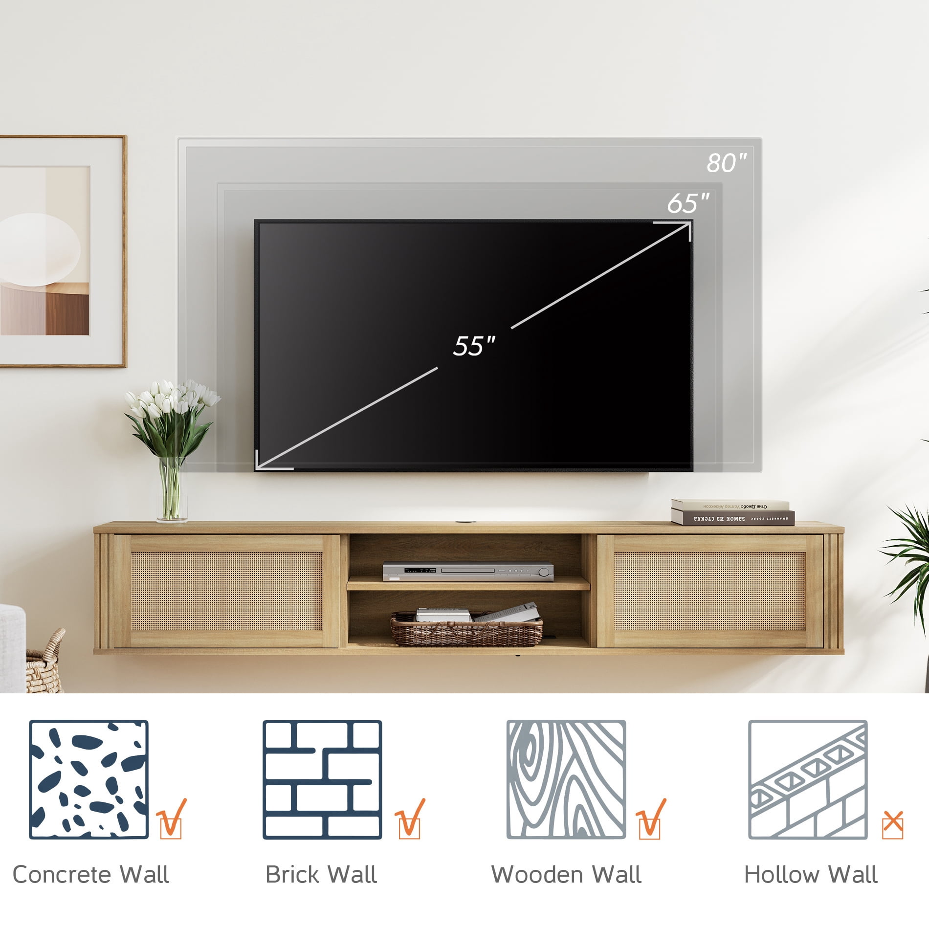 Floating TV Stand with Power Outlet and Rattan Doors，Oak