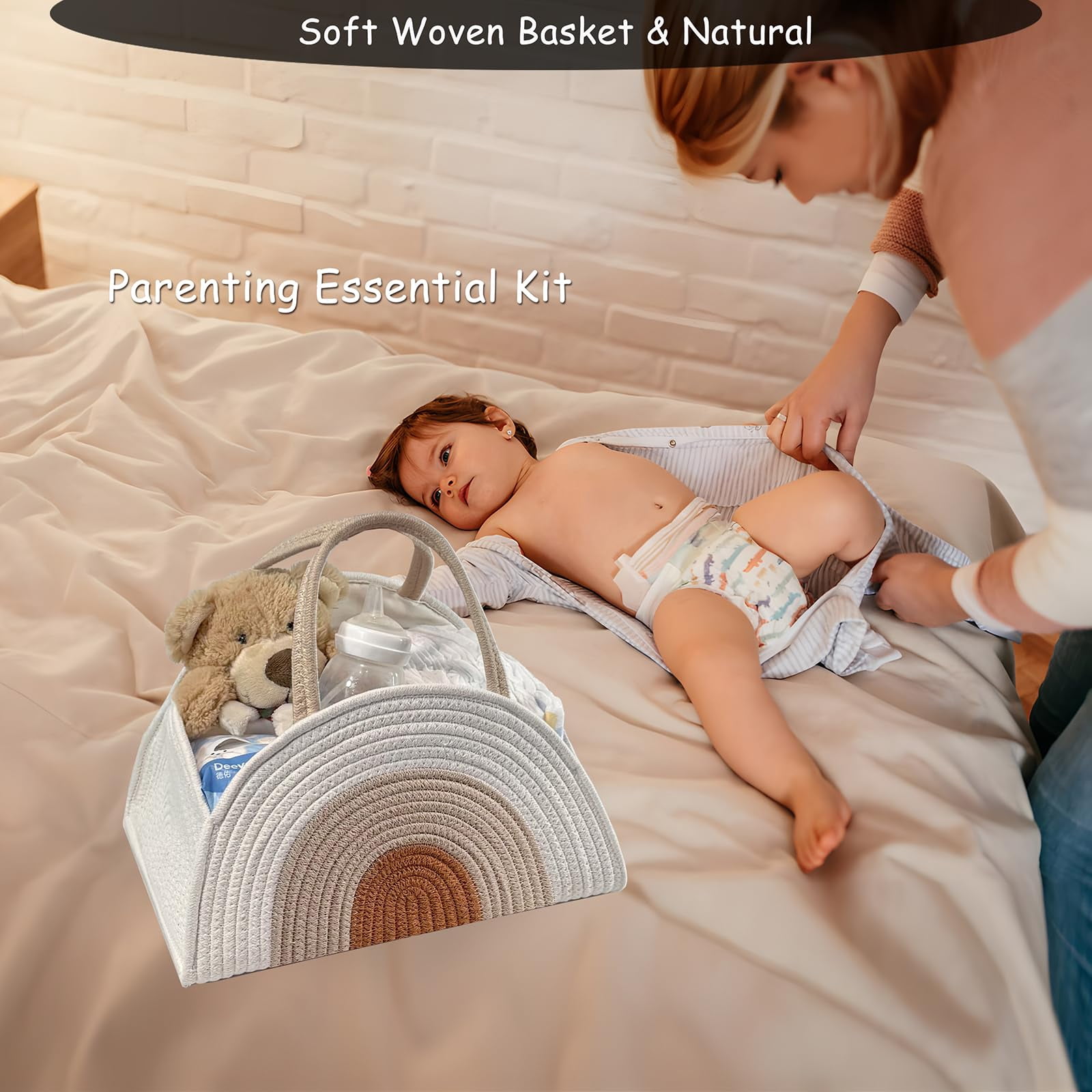 Diaper Caddy Organizer with Gift Bags and Ribbons - Sturdy Cotton Rope Basket for Baby Girl & Boy Newborn Essentials, Large Baby Gift Bag, Nursery Storage Caddy with Handles (white Brown)