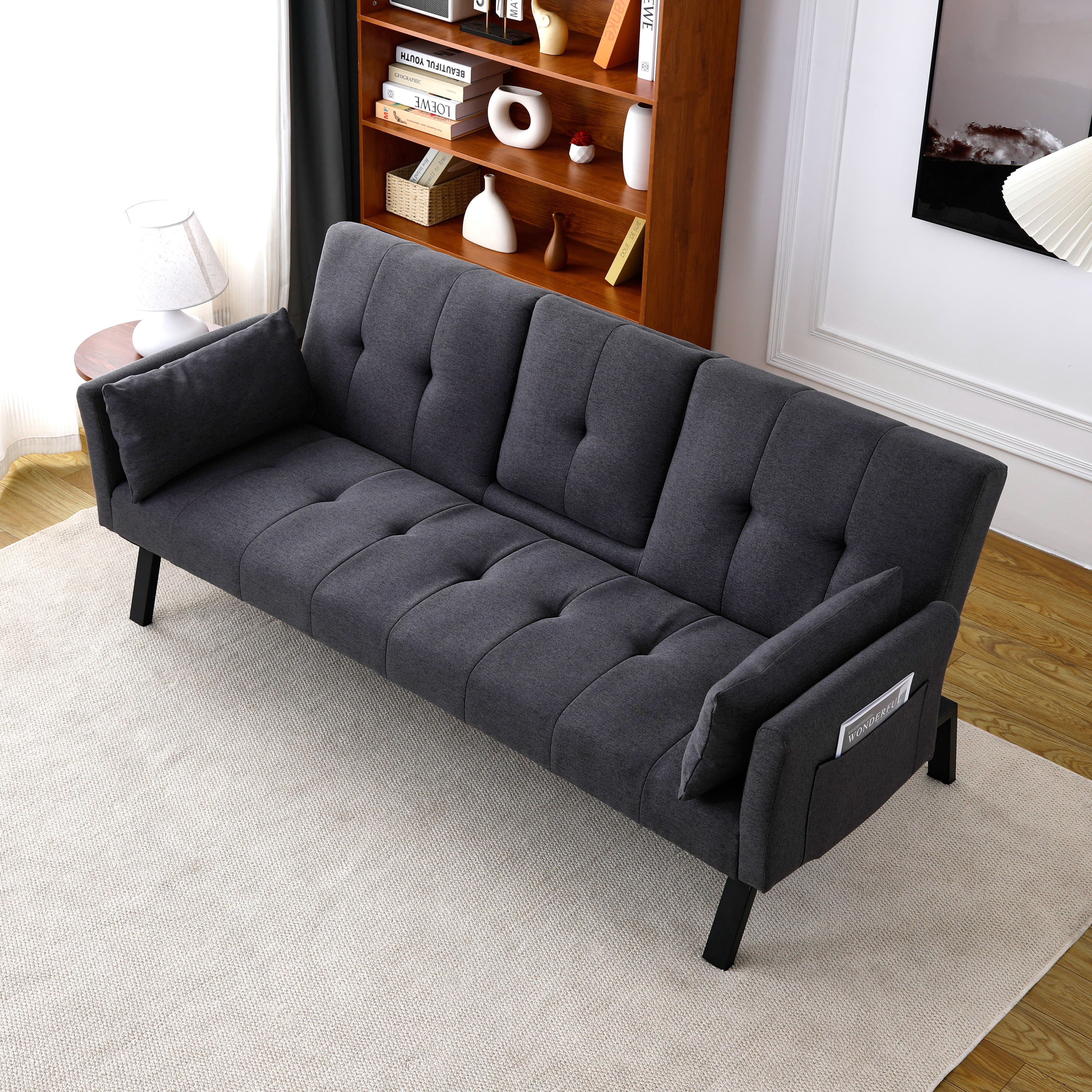 MAYEERTY 70" Linen Sofa Bed Foldable Sofa Couch with Cup Holder and Side Storage for Living Room, Bedroom and Apartment, Dark Gray
