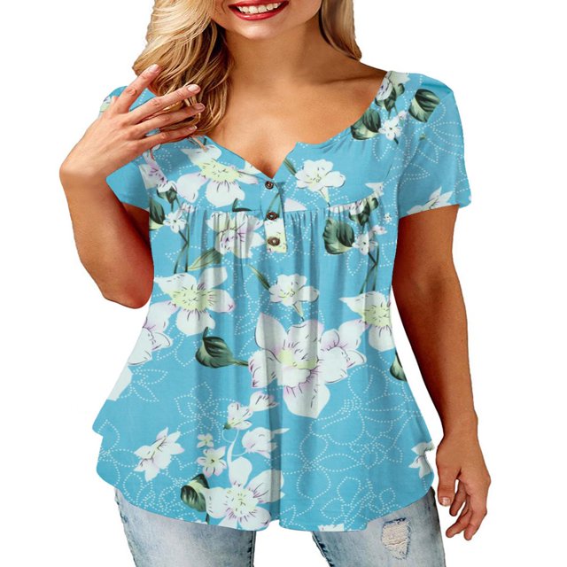 CHUANK T-Shirts pour Femmes Manches Courtes Col Rond Tunique Boutonnée (Blanc TG)