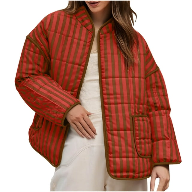 Économies d'Automne/hiver! srobpty Manteau Matelassé à Manches Longues pour Femme, Veste Décontractée à Fleurs à Manches Longues pour Femme Sans Capuchon Rouge, P