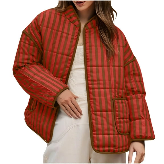 Hvyesh Winter Puffer Jacket for Women Plaid Print Cropped Coat Warm Open Front Long Sleeve Padded Coat Zip Up Puffer Coats