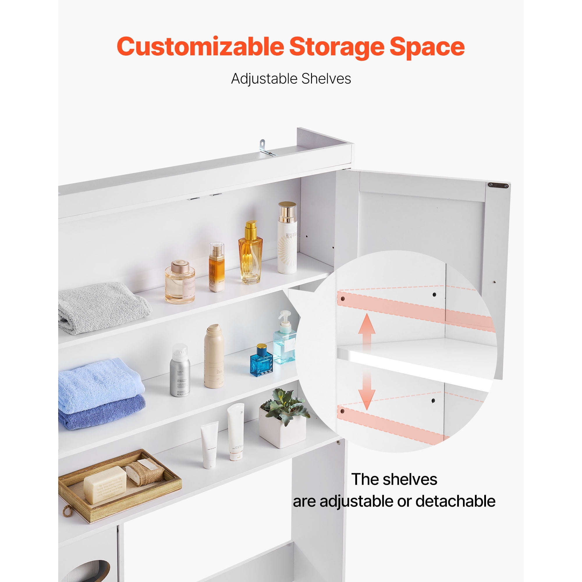 KFFKFF Over-The-Toilet Storage Cabinet, 67.44-Inch Tall Bathroom Organizer with Adjustable Shelf and Double Doors, Space-Saving Bathroom Storage with Open Shelf, White