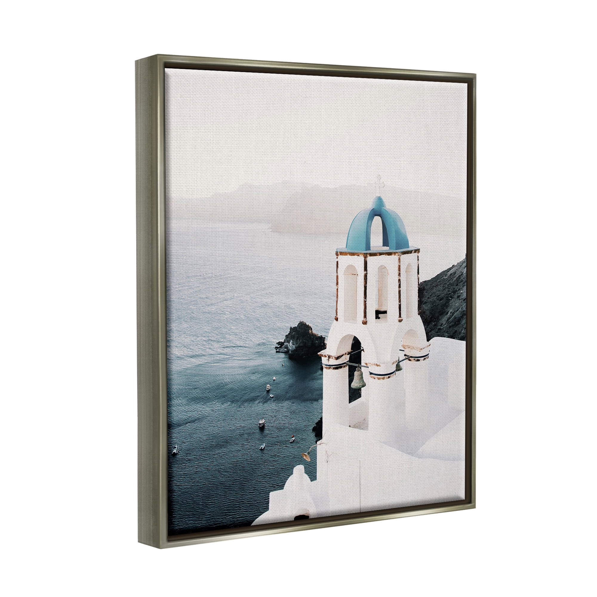 Stupell Industries Santorini Bell Tower Landscape Photography Gray Floater Framed Canvas Art Print Wall Art, 25 x 31