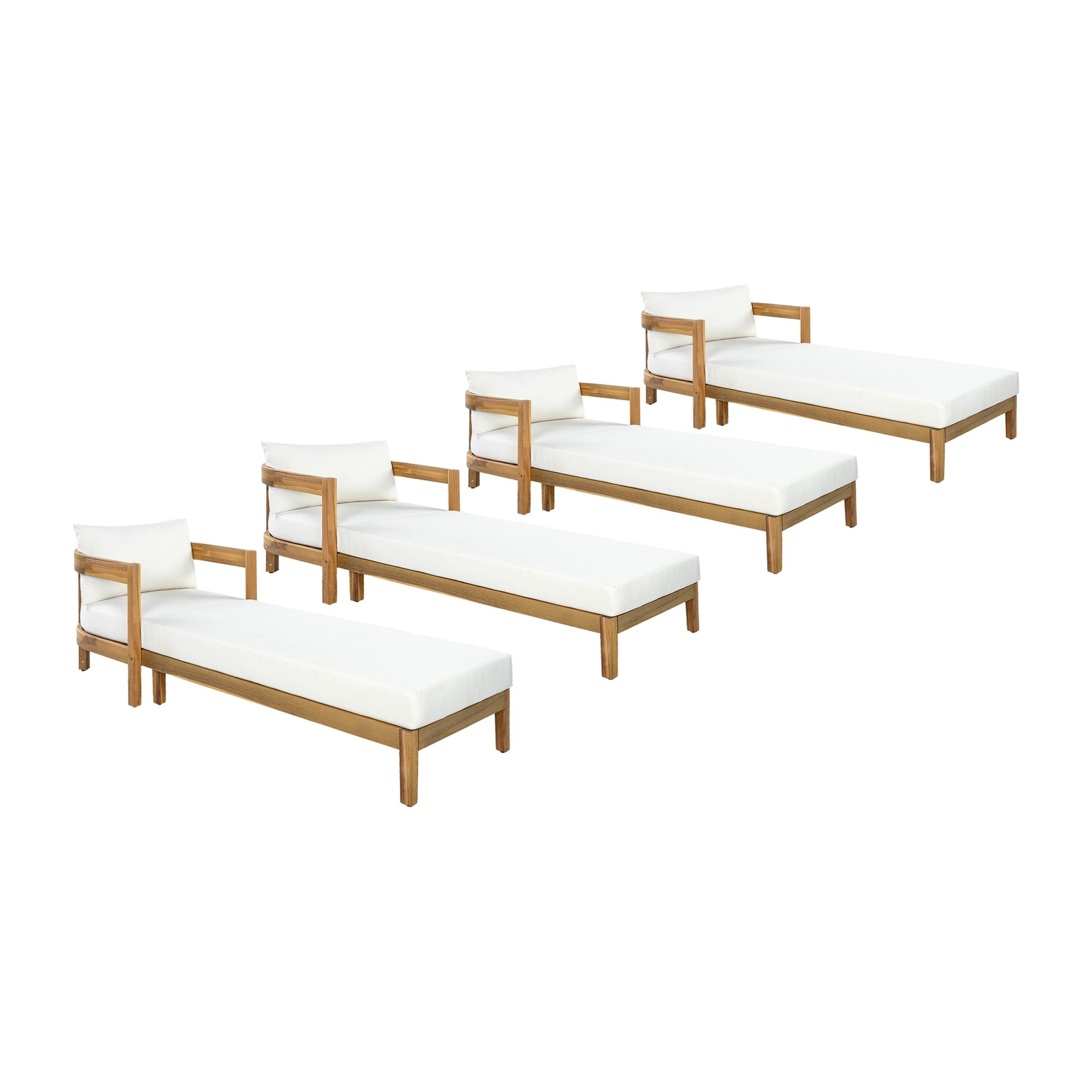 Christopher Knight Home 77" Acacia Wood Outdoor Chaise Lounge with Cushion, Curved Frame, Teak+Cream, Set of 4