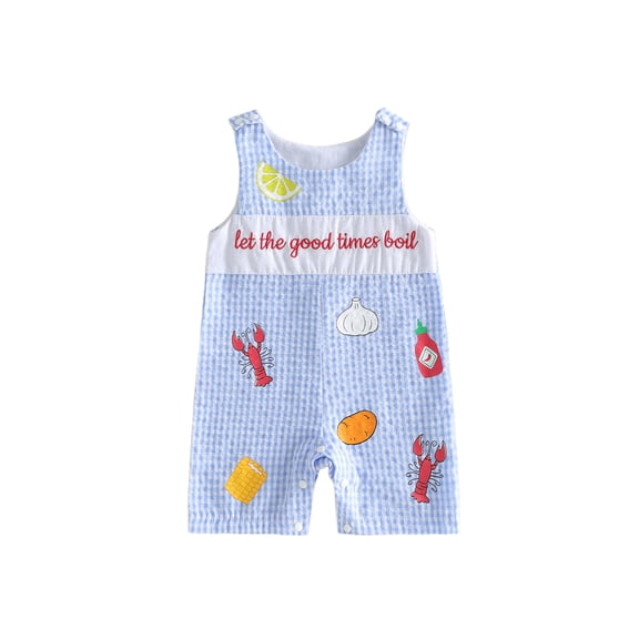 BemeyourBBs Newborn Baby Boy Summer Clothes Let the Good Times Boil Outfits Plaid Gingham Romper Sleeveless Round Neck Lobster Onion Print Jumpsuit Playsuit