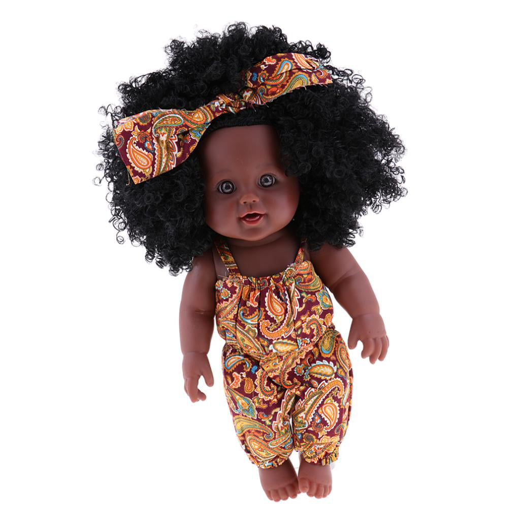 2pcs 30cm Vinyl African Baby Girl Doll Newborn Doll with Yellow Clothes 