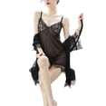 thumbnail image 1 of Vestido de lencería para mujer, 4 piezas, traje de encaje transparente con tirantes finos, vestido de lencería de color puro, talla L, negro, XL, 1 of 14