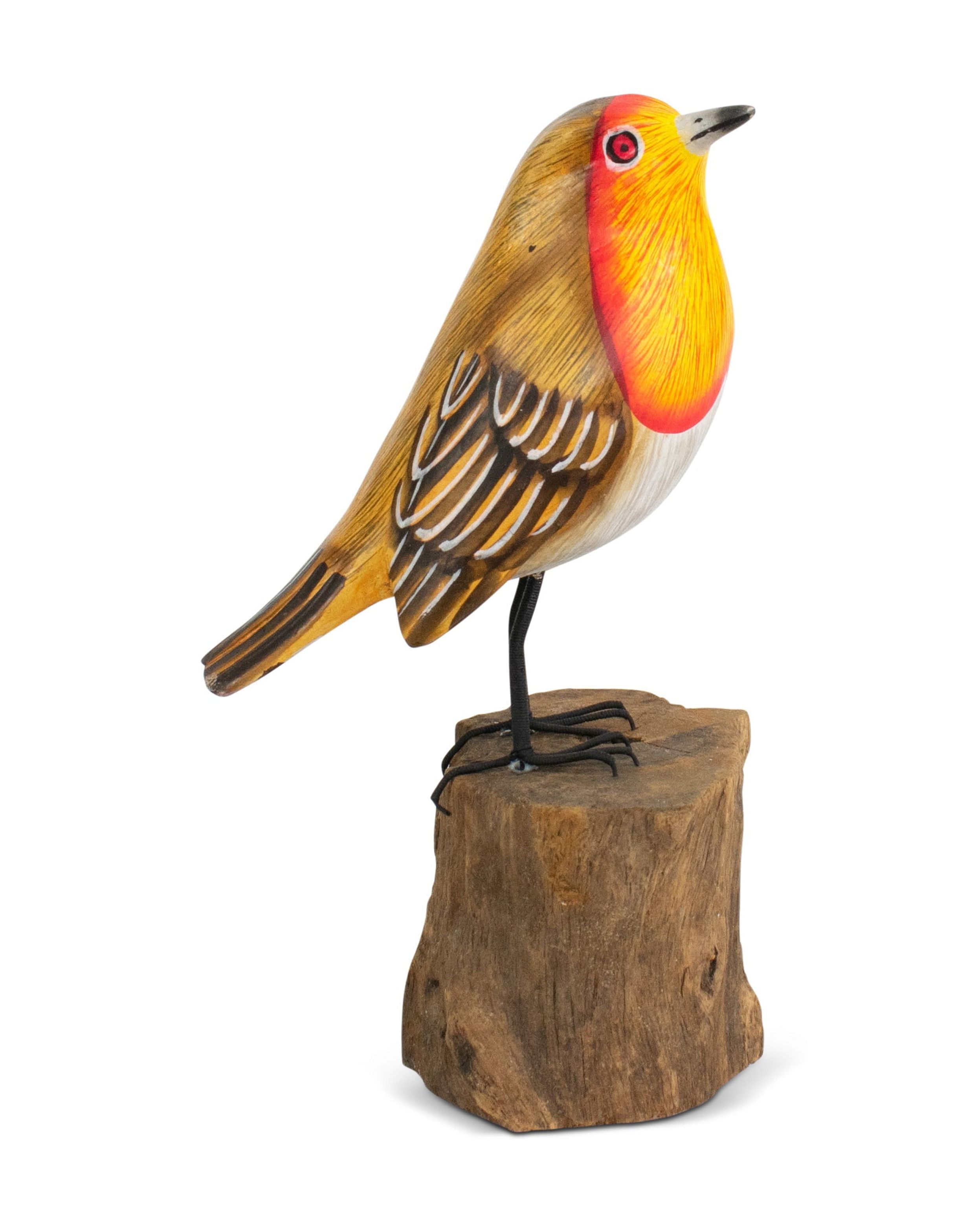 Wood European Robin Figurine – Hand Carved Songbird Sculpture, Rustic Bird Decor on Driftwood Base