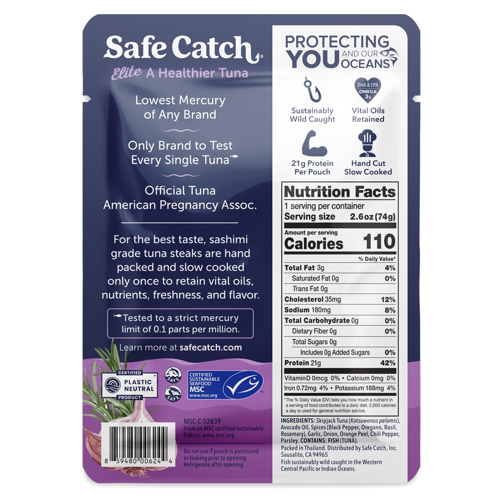 (6 pack) Safe Catch Garlic Herb Wild Elite Pure Tuna, 2.6 oz Pouch – Garlic & Herb Seasoned Wild Tuna in Avocado Oil