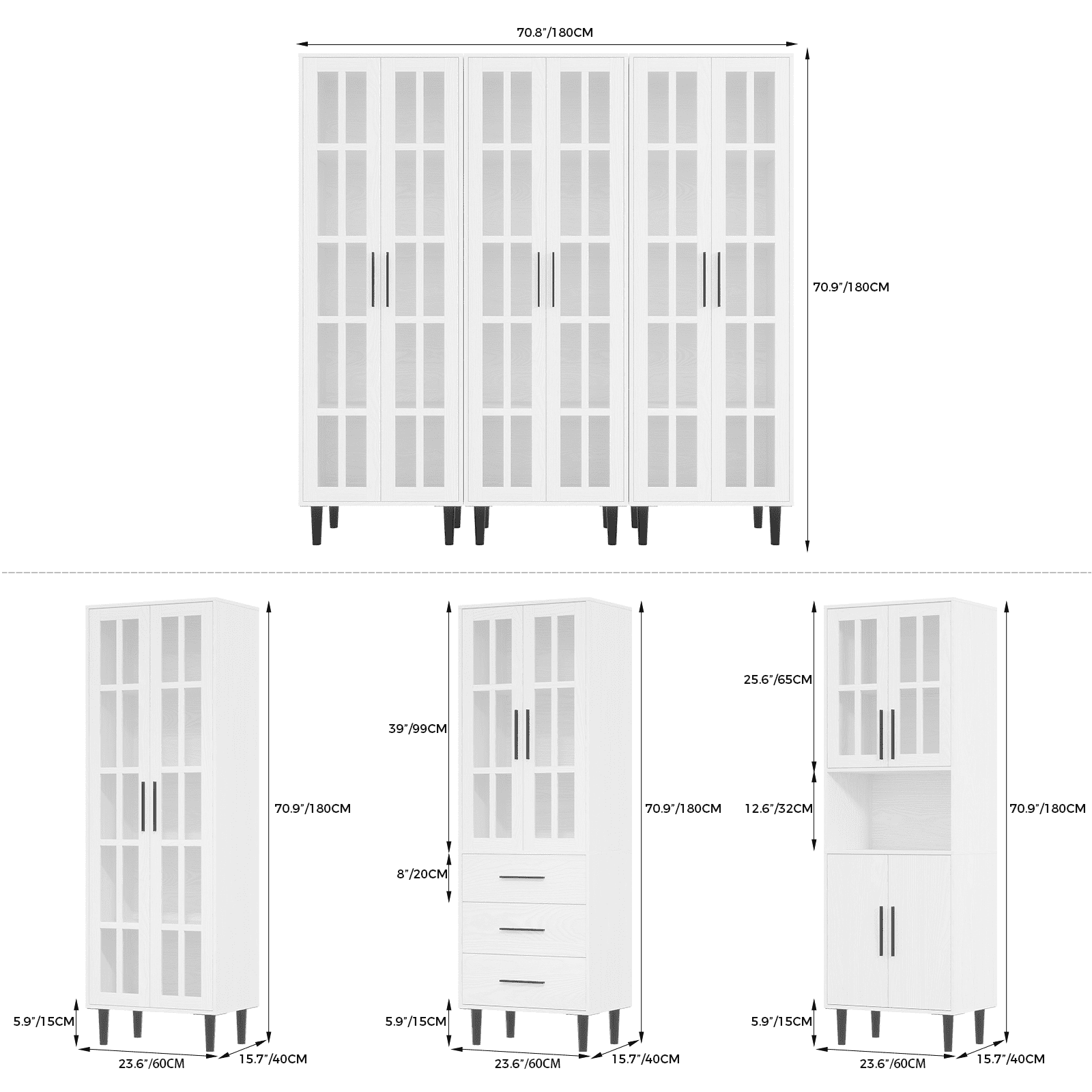 RichYa 3Pcs Bookcases with Doors,5-Tier Bookshelves with Storage Cabinet,Combination Display Cabinets for Home Office,White(AAA)