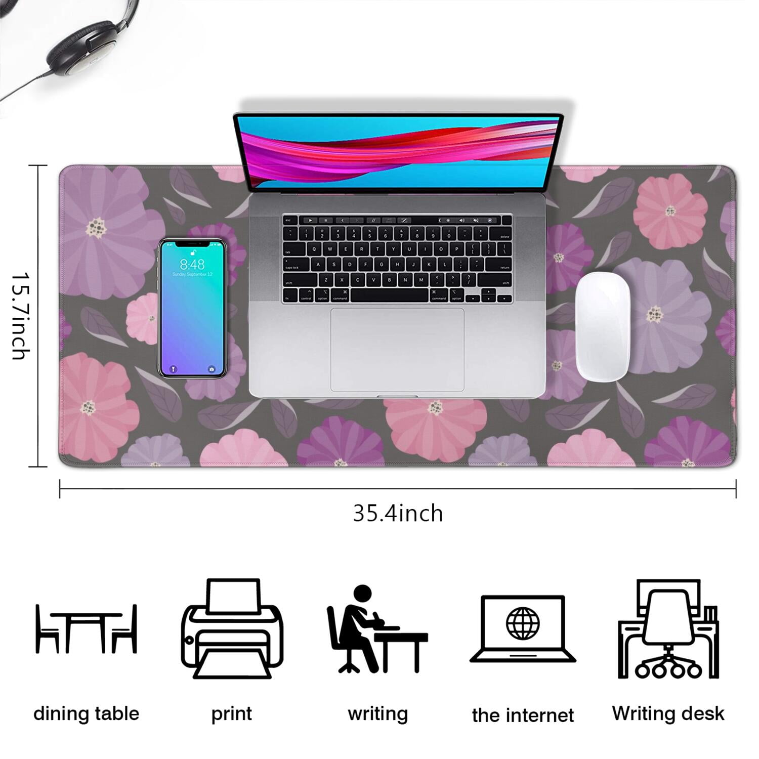 Long Mouse Pads for Desk,Pioneer Flower Floral Print Pattern Desk Mats on Top Of Desks, Desk Mouse Pad Extra Large with 3mm Non-Slip Base and Stitched Edge for Gaming,Office,Work,Home 35.4"x15.7"