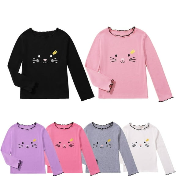 2-8Y Toddler Girls Casual Long Sleeve T-Shirts Kids Cartoon Cats Tee Tops Blouse