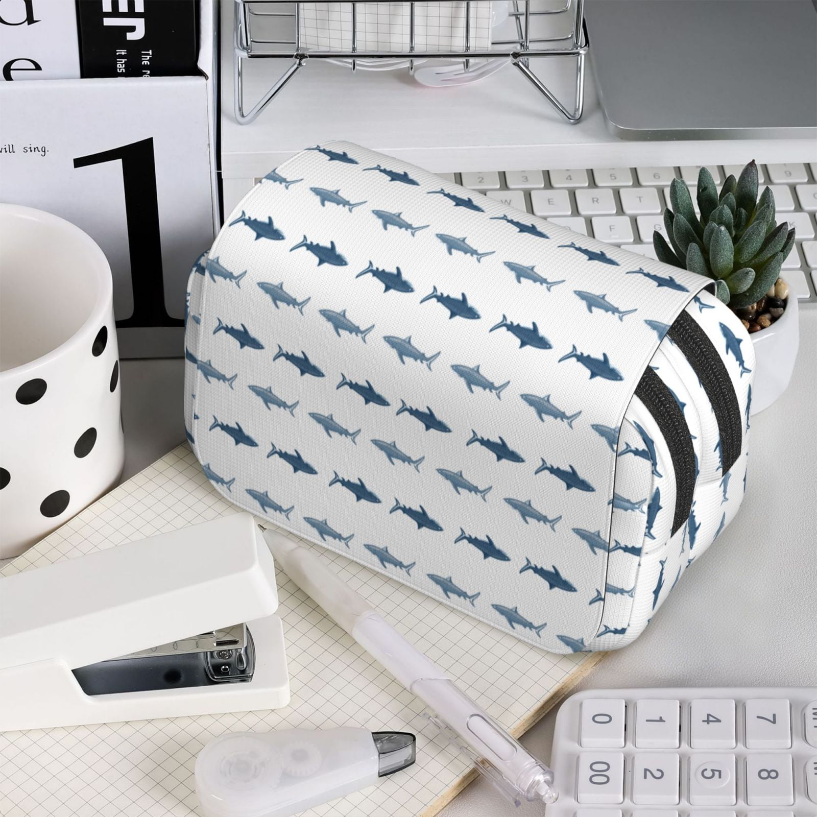 Rateoe Cute Shark Pattern Double Clamshell Pen Case, Storage Organizer with Two Zipper Compartments– Holds Up to 50 Pencils & Pens