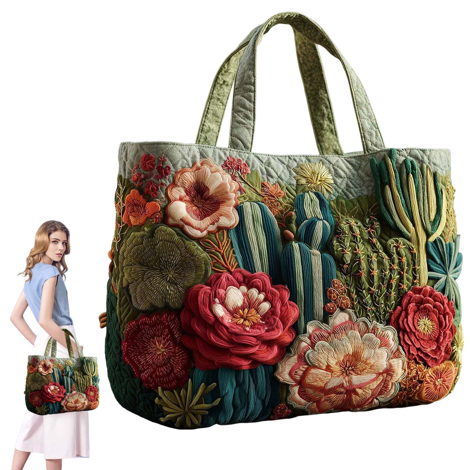 Dwellin Quilted Tote Bag for Women Large Beach Shoulder Purse Handbag Floral Print Top Handle Satchel for Travel Work G-B 14*16"
