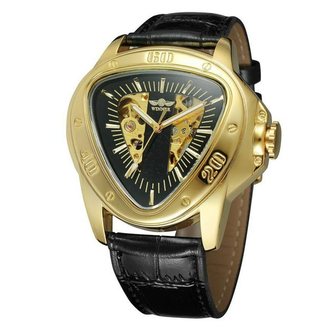 Winner Fashion Sports Triangle Dial Golden Skeleton Mysterious Watch Men