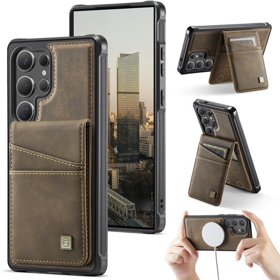 For Samsung Galaxy S26 Ultra Case with Magnetic Removable 2 in1 Wallet, PU Leather RFID Blocking Card Holder Back Flip Cover Compatible with MagSafe, Built-in Kickstand Shockproof Case,Coffee