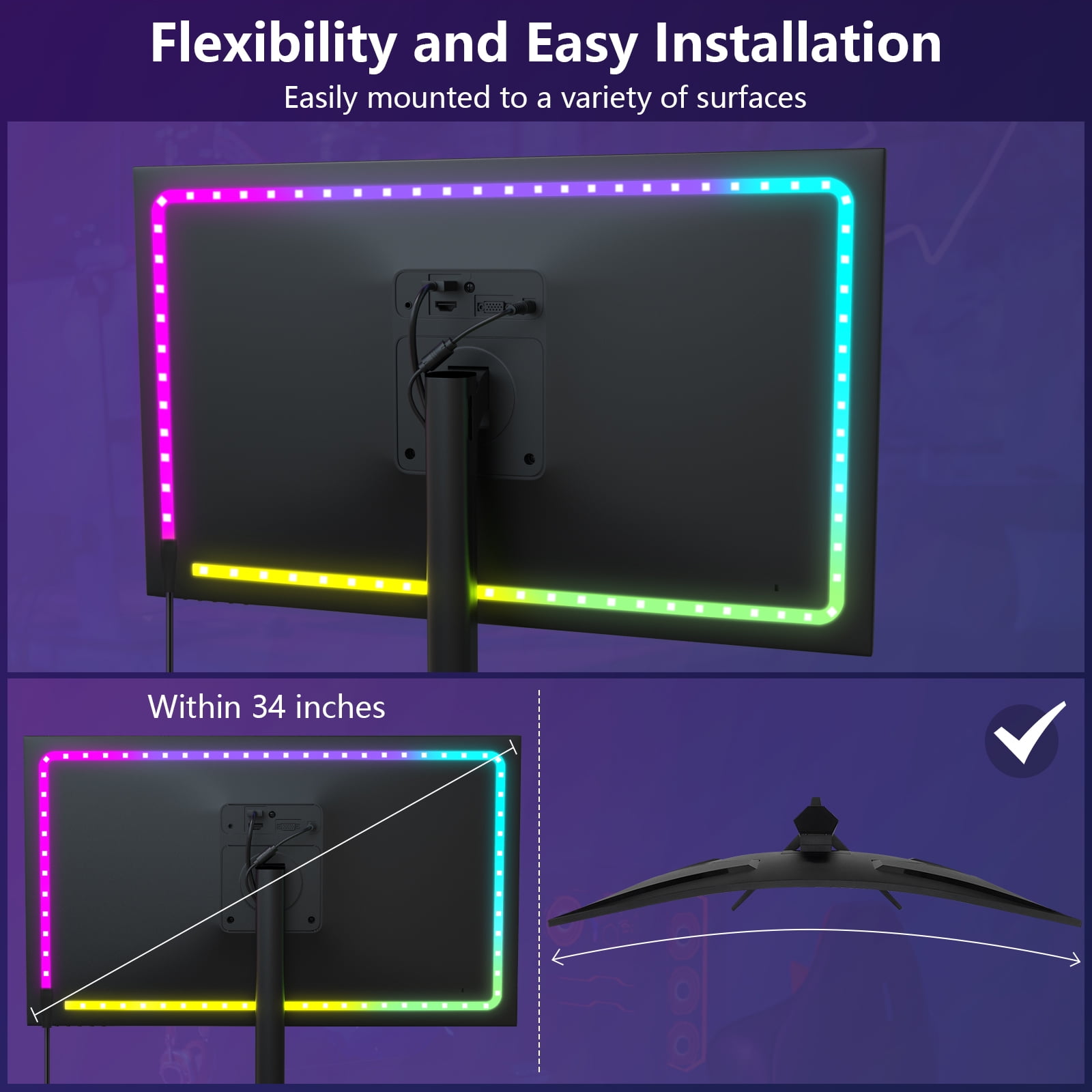 RGB Smart LED Gaming Lights Ambient Lighting, 16.5ft LED Lightbar and 8.2ft LED Strip, Music Sync, Software Control, Compatible with Max. 34 Inch Monitor