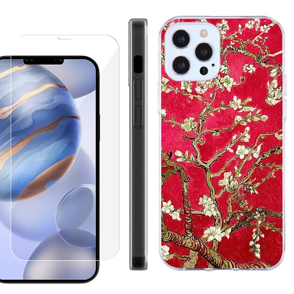 Slim Fit Protective Phone Case for Apple iPhone 12 / iPhone 12 Pro, with Tempered Glass Screen Protector, by OneToughShield ® - Almond Blossom Red