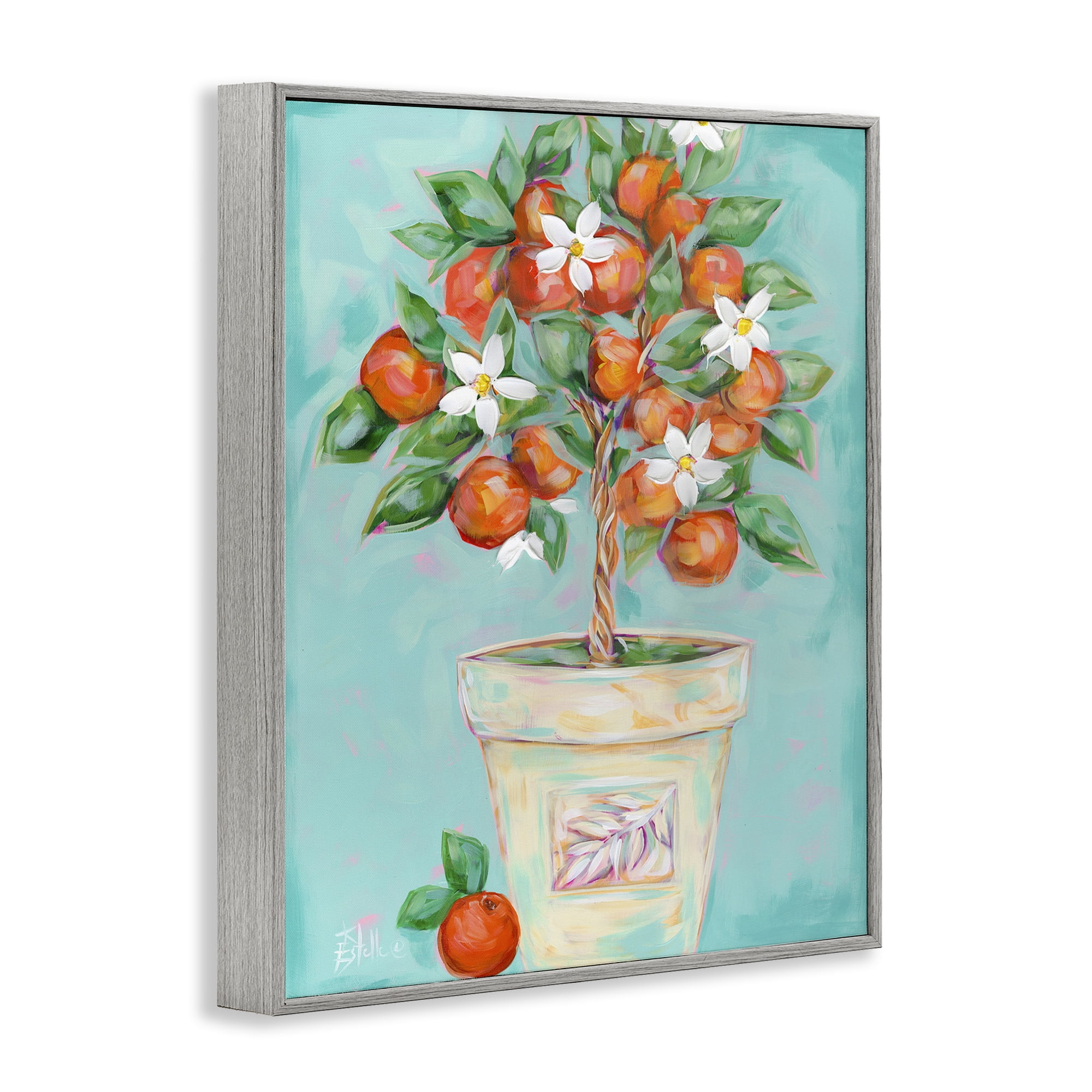 Stupell Industries Orange Blossom Clay Pot Food & Beverage Painting Gray Framed Art Print Wall Art, 16 x 20