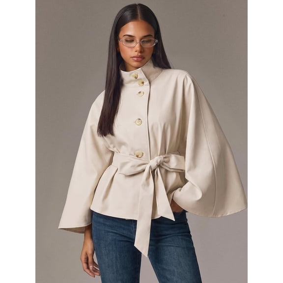 Women's Mock Neck Trench Coat, Cloak Sleeve Belted Button Front Jacket, Fitted Tie Waist Outerwear for Commute and Daily Wear