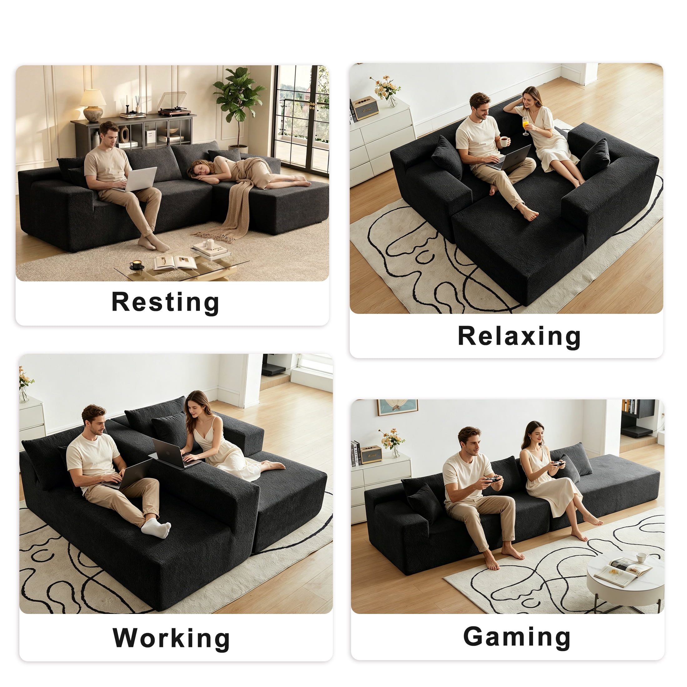 Xiweot 103" Boneless Sectional Sofa for Living Room, Memory Foam Cloud Modular Sectional Couch with Deep Seat, No Assembly Velvet L Shaped Sofa with Right Facing Chaise, Black