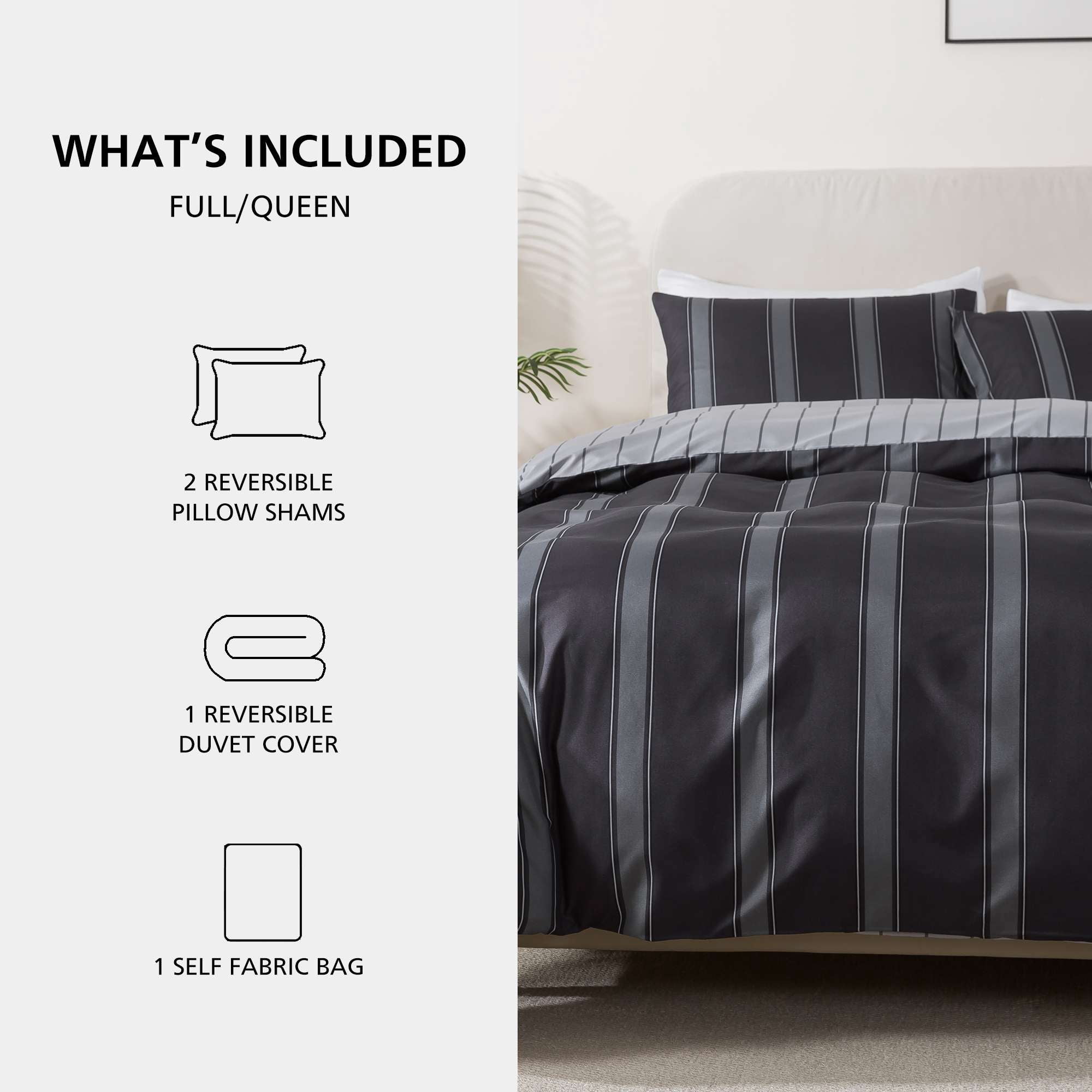 Mainstays Full/Queen Duvet Cover Set, Reversible All-Season, 3-Piece, Dark Grey Stripe