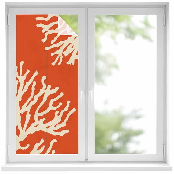 Coral Orange Window Privacy Film, Coastal White Ocean Marine Nautical Beach Static Cling UV Sun Blocking Heat Control Window Tint, Non-Adhesive One Way Windows Privacy Cover 17.7''x39.3''