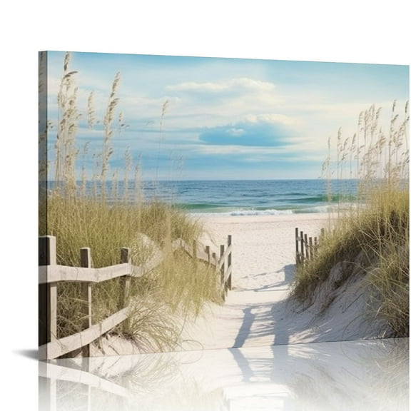 Beach Pathway Canvas Wall Art - Ocean Theme Artwork Boardwalk Picture with Wood Toned Fence and Weeds Painting for Living Room (20 x 16in)